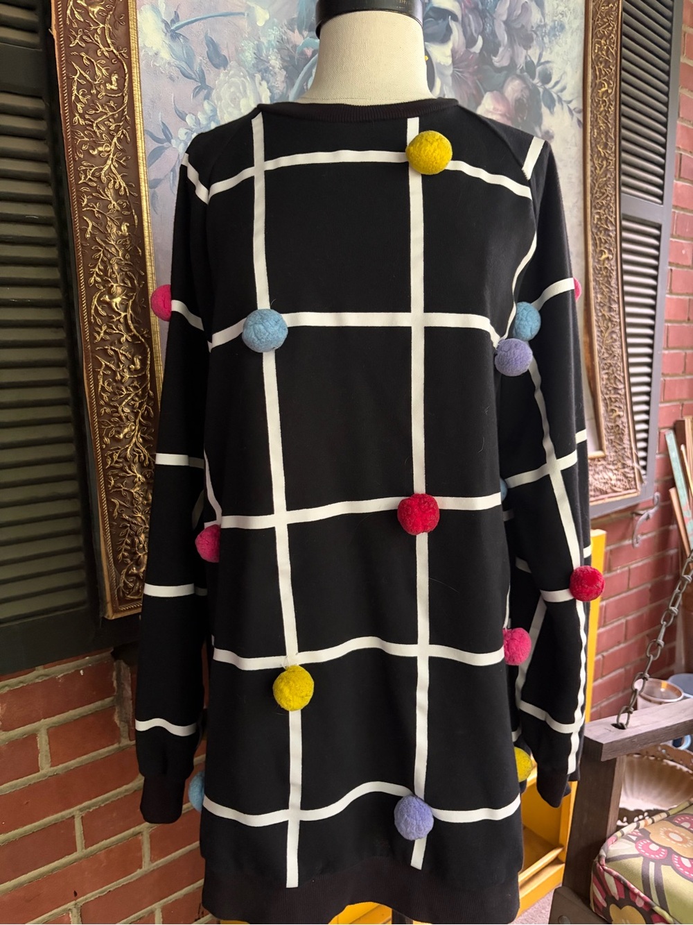 Lazy Oaf Black Grid Tunic with Multicolor Pom Poms